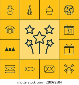 Set Of 12 Happy New Year Icons. Can Be Used For Web, Mobile, UI And Infographic Design. Includes Elements Such As Pizza Meal, Blank Ribbon, Date And More.