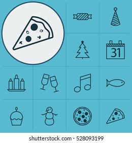 Set Of 12 Happy New Year Icons. Can Be Used For Web, Mobile, UI And Infographic Design. Includes Elements Such As Sliced Pizza, Wax, Birthday Hat And More.