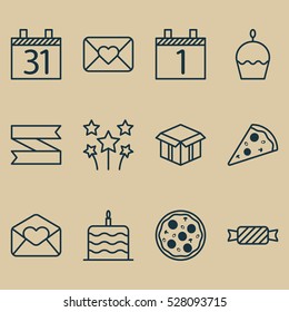 Set Of 12 Happy New Year Icons. Can Be Used For Web, Mobile, UI And Infographic Design. Includes Elements Such As Blank Ribbon, Celebration Cake, Open Cardboard And More.