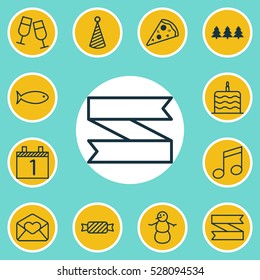 Set Of 12 Happy New Year Icons. Can Be Used For Web, Mobile, UI And Infographic Design. Includes Elements Such As Blank Ribbon, Winter, Fishing And More.