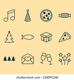 Set Of 12 Happy New Year Icons. Can Be Used For Web, Mobile, UI And Infographic Design. Includes Elements Such As Crotchets, Festive Fireworks, Open Cardboard And More.