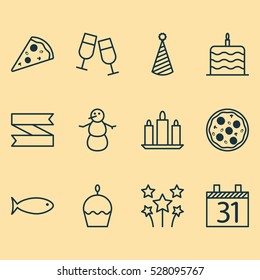 Set Of 12 Happy New Year Icons. Can Be Used For Web, Mobile, UI And Infographic Design. Includes Elements Such As Sliced Pizza, Date, Blank Ribbon And More.