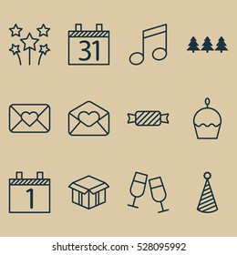 Set Of 12 Happy New Year Icons. Can Be Used For Web, Mobile, UI And Infographic Design. Includes Elements Such As Birthday Hat, Date, Celebration Letter And More.