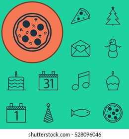 Set Of 12 Happy New Year Icons. Can Be Used For Web, Mobile, UI And Infographic Design. Includes Elements Such As Birthday Hat, Greeting Email, Winter And More.