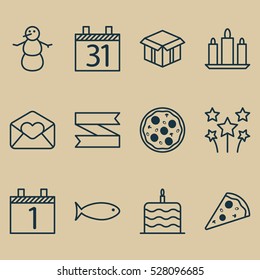 Set Of 12 Happy New Year Icons. Can Be Used For Web, Mobile, UI And Infographic Design. Includes Elements Such As Blank Ribbon, Festive Fireworks, Fishing And More.