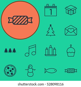 Set Of 12 Happy New Year Icons. Can Be Used For Web, Mobile, UI And Infographic Design. Includes Elements Such As Fishing, Wax, Decorated Tree And More.