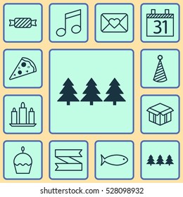Set Of 12 Happy New Year Icons. Can Be Used For Web, Mobile, UI And Infographic Design. Includes Elements Such As Birthday Cake, Open Cardboard, Celebration Letter And More.