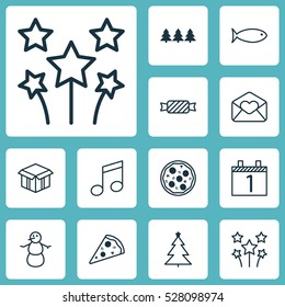 Set Of 12 Happy New Year Icons. Can Be Used For Web, Mobile, UI And Infographic Design. Includes Elements Such As Winter, Sweet, Decorated Tree And More.
