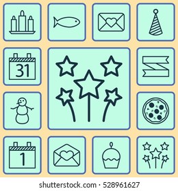 Set Of 12 Happy New Year Icons. Can Be Used For Web, Mobile, UI And Infographic Design. Includes Elements Such As Festive Fireworks, Wax, Birthday Cake And More.