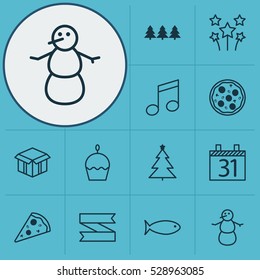 Set Of 12 Happy New Year Icons. Can Be Used For Web, Mobile, UI And Infographic Design. Includes Elements Such As Fishing, Crotchets, Birthday Cake And More.