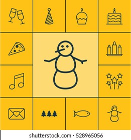 Set Of 12 Happy New Year Icons. Can Be Used For Web, Mobile, UI And Infographic Design. Includes Elements Such As Champagne Glasses, Sliced Pizza, Winter And More.
