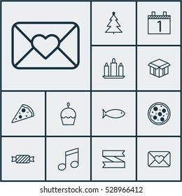 Set Of 12 Happy New Year Icons. Can Be Used For Web, Mobile, UI And Infographic Design. Includes Elements Such As Blank Ribbon, Birthday Cake, Celebration Letter And More.