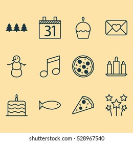 Set Of 12 Happy New Year Icons. Can Be Used For Web, Mobile, UI And Infographic Design. Includes Elements Such As Holiday Ornament, Wax, Sliced Pizza And More.