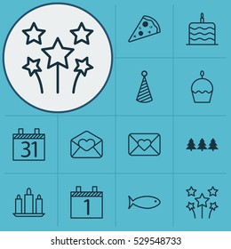 Set Of 12 Happy New Year Icons. Can Be Used For Web, Mobile, UI And Infographic Design. Includes Elements Such As Celebration Cake, Festive Fireworks, Sliced Pizza And More.