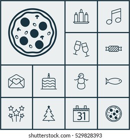 Set Of 12 Happy New Year Icons. Can Be Used For Web, Mobile, UI And Infographic Design. Includes Elements Such As Decorated Tree, Fishing, Celebration Cake And More.