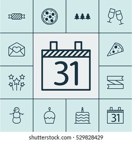 Set Of 12 Happy New Year Icons. Can Be Used For Web, Mobile, UI And Infographic Design. Includes Elements Such As Sweet, Sliced Pizza, Celebration Cake And More.