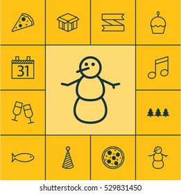 Set Of 12 Happy New Year Icons. Can Be Used For Web, Mobile, UI And Infographic Design. Includes Elements Such As Pizza Meal, Date, Champagne Glasses And More.
