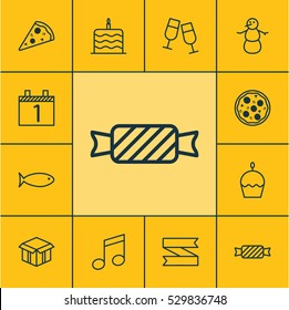 Set Of 12 Happy New Year Icons. Can Be Used For Web, Mobile, UI And Infographic Design. Includes Elements Such As Winter, Blank Ribbon, Sliced Pizza And More.