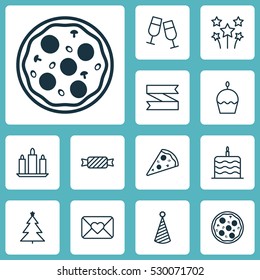 Set Of 12 Happy New Year Icons. Can Be Used For Web, Mobile, UI And Infographic Design. Includes Elements Such As Sweet, Birthday Cake, Pizza Meal And More.