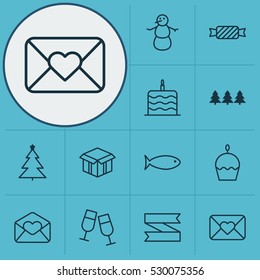 Set Of 12 Happy New Year Icons. Can Be Used For Web, Mobile, UI And Infographic Design. Includes Elements Such As Holiday Ornament, Celebration Cake, Fishing And More.