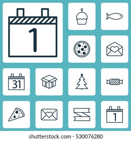 Set Of 12 Happy New Year Icons. Can Be Used For Web, Mobile, UI And Infographic Design. Includes Elements Such As Birthday Cake, Open Cardboard, Fishing And More.