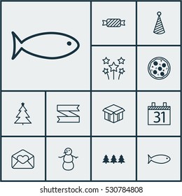 Set Of 12 Happy New Year Icons. Can Be Used For Web, Mobile, UI And Infographic Design. Includes Elements Such As Sweet, Decorated Tree, Greeting Email And More.