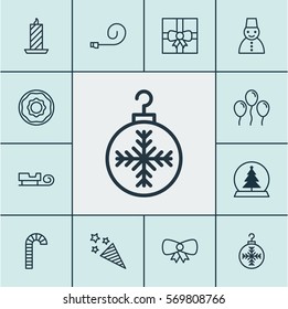 Set Of 12 Happy New Year Icons. Includes Fire Wax, Firecracker, Air Ball And Other Symbols. Beautiful Design Elements.