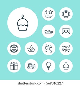 Set Of 12 Happy New Year Icons. Includes Birthday Cake, Crescent, Champagne Glasses And Other Symbols. Beautiful Design Elements.