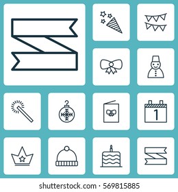 Set Of 12 Happy New Year Icons. Includes Butterfly Knot, Blank Ribbon, Firecracker And Other Symbols. Beautiful Design Elements.