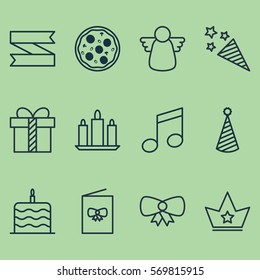 Set Of 12 Happy New Year Icons. Includes Firecracker, Gift, Blank Ribbon And Other Symbols. Beautiful Design Elements.