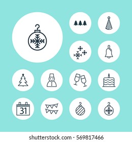 Set Of 12 Happy New Year Icons. Includes Champagne Glasses, Decorative Flags, Christmas Ball And Other Symbols. Beautiful Design Elements.