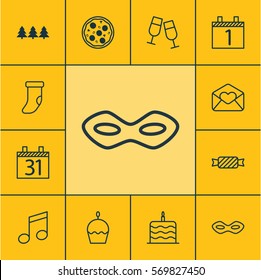 Set Of 12 Happy New Year Icons. Includes Crotchets, Greeting Email, Sweet And Other Symbols. Beautiful Design Elements.