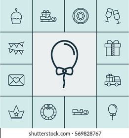 Set Of 12 Happy New Year Icons. Includes Balloon, Doughnut, Sled And Other Symbols. Beautiful Design Elements.