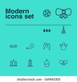 Set Of 12 Happy New Year Icons. Includes Champagne Glasses, Wax, Carnival Face And Other Symbols. Beautiful Design Elements.