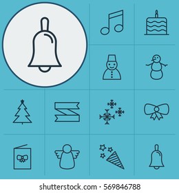 Set Of 12 Happy New Year Icons. Includes Celebration Cake, Snow Person, Decorated Tree And Other Symbols. Beautiful Design Elements.