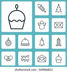 Set Of 12 Happy New Year Icons. Includes Handbell, Firework, Archangel Symbols. Beautiful Design Elements.