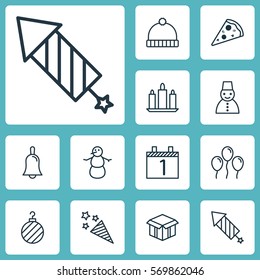 Set Of 12 Happy New Year Icons. Includes Agenda, Sliced Pizza, Winter And Other Symbols. Beautiful Design Elements.
