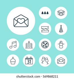 Set Of 12 Happy New Year Icons. Includes Crotchets, Birthday Hat, Date And Other Symbols. Beautiful Design Elements.
