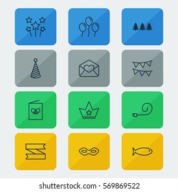 Set Of 12 Happy New Year Icons. Includes Greeting Email, Celebration Card, Decorative Flags And Other Symbols. Beautiful Design Elements.