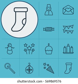 Set Of 12 Happy New Year Icons. Includes Fireplace Decoration, Firecracker, Snow Person And Other Symbols. Beautiful Design Elements.