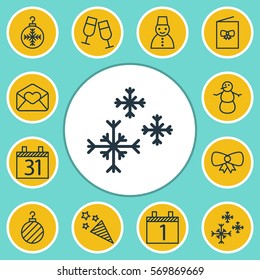 Set Of 12 Happy New Year Icons. Includes Snow Person, Tree Toy, Agenda And Other Symbols. Beautiful Design Elements.
