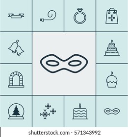 Set Of 12 Happy New Year Icons. Includes Trading, Celebration Cake, Placard And Other Symbols. Beautiful Design Elements.