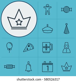 Set Of 12 Happy New Year Icons. Includes Balloon, Winter Cup, Agenda And Other Symbols. Beautiful Design Elements.