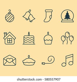 Set Of 12 Happy New Year Icons. Includes Air Ball, Fireplace Decoration, Christmas Ball And Other Symbols. Beautiful Design Elements.
