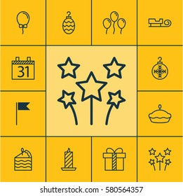 Set Of 12 Happy New Year Icons. Includes Cake Piece, Christmas Toy, Air Ball And Other Symbols. Beautiful Design Elements.