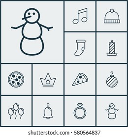 Set Of 12 Happy New Year Icons. Includes Wedding Jewel, Handbell, Corona Symbols. Beautiful Design Elements.