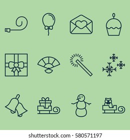 Set Of 12 Happy New Year Icons. Includes Gift Surprise, Star Snow, Celebrate Whistle And Other Symbols. Beautiful Design Elements.