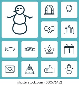 Set Of 12 Happy New Year Icons. Includes Arch, Dessert, Agenda And Other Symbols. Beautiful Design Elements.