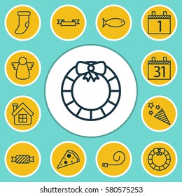 Set Of 12 Happy New Year Icons. Includes Fireplace Decoration, Fishing, Sweet And Other Symbols. Beautiful Design Elements.