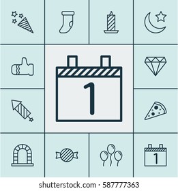 Set Of 12 Happy New Year Icons. Includes Fire Wax, Brilliant, Fireplace Decoration And Other Symbols. Beautiful Design Elements.